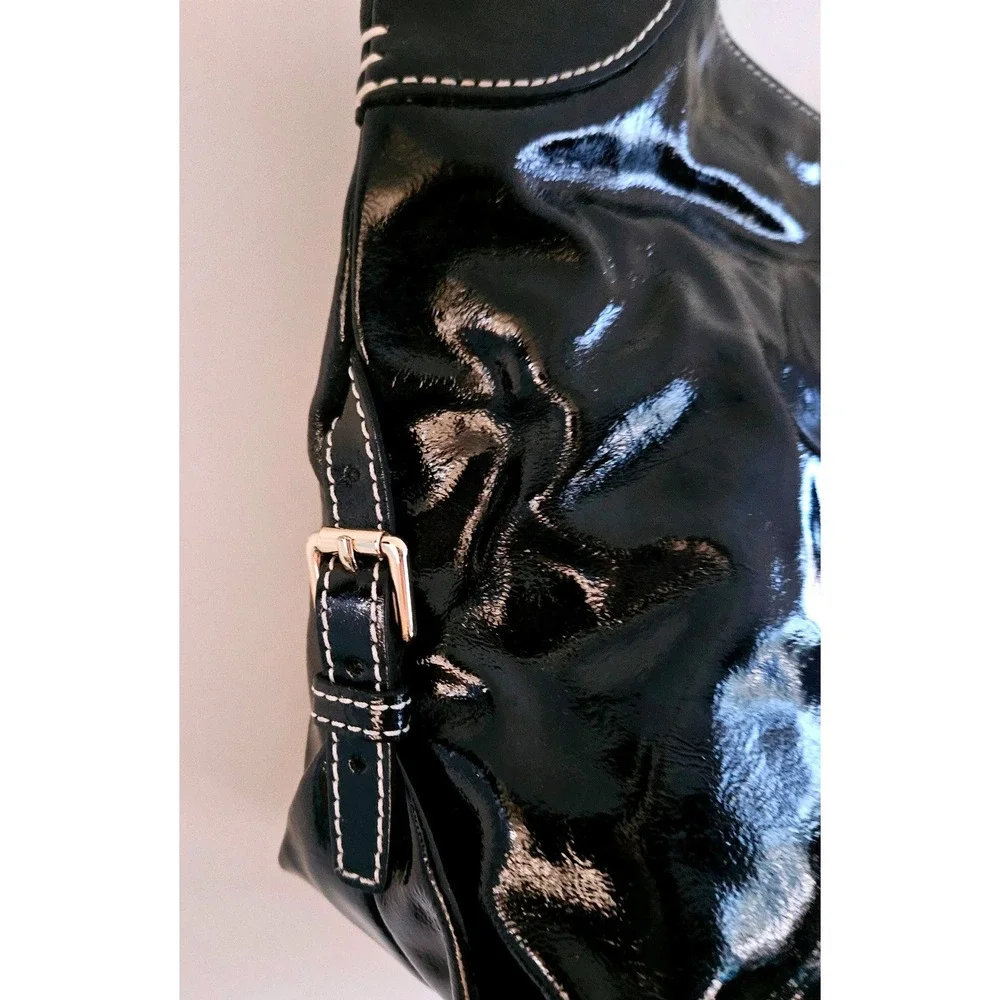 Dooney‎ & Bourke Luisa Black Patent Leather Hobo Bag White Stitching Gingham EUC